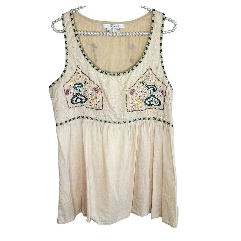 Zara Boho Embroidered Tank Top Large Indie Festival Empire Peasant Cottage Retro